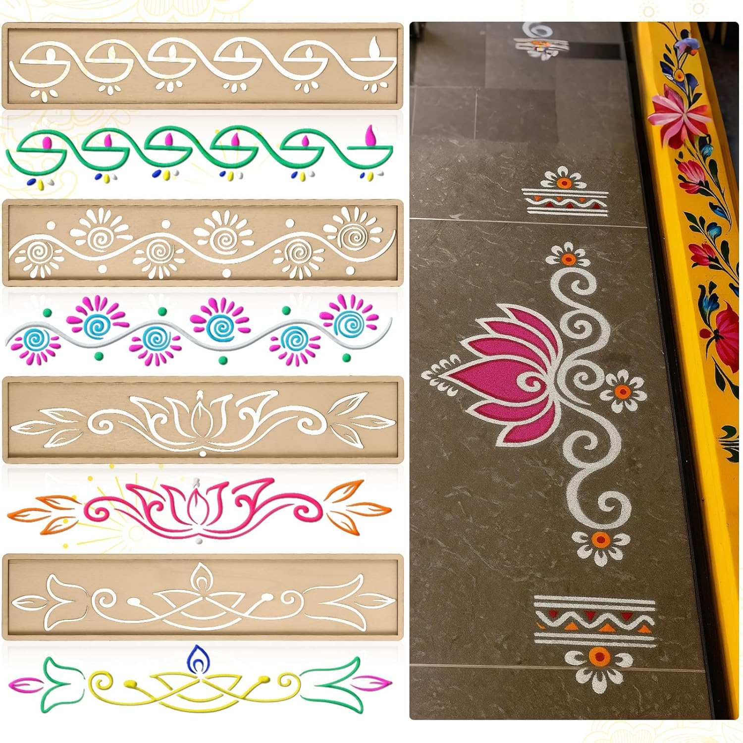 4 Pcs Wooden Rangoli Stencils for Diwali | 11.8x2.4 Inch Border Design DIY Sand Art Templates